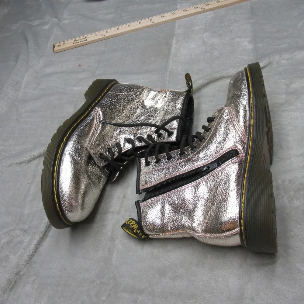 Dr Martens Girls 5 Combat Shoes Silver Crinkle Metallic Glitter Leather‎ Chunky